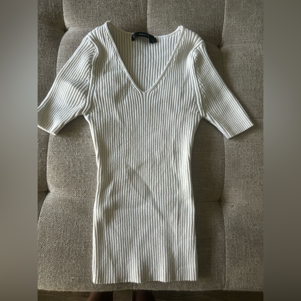 White Ribbed Knit Sweater